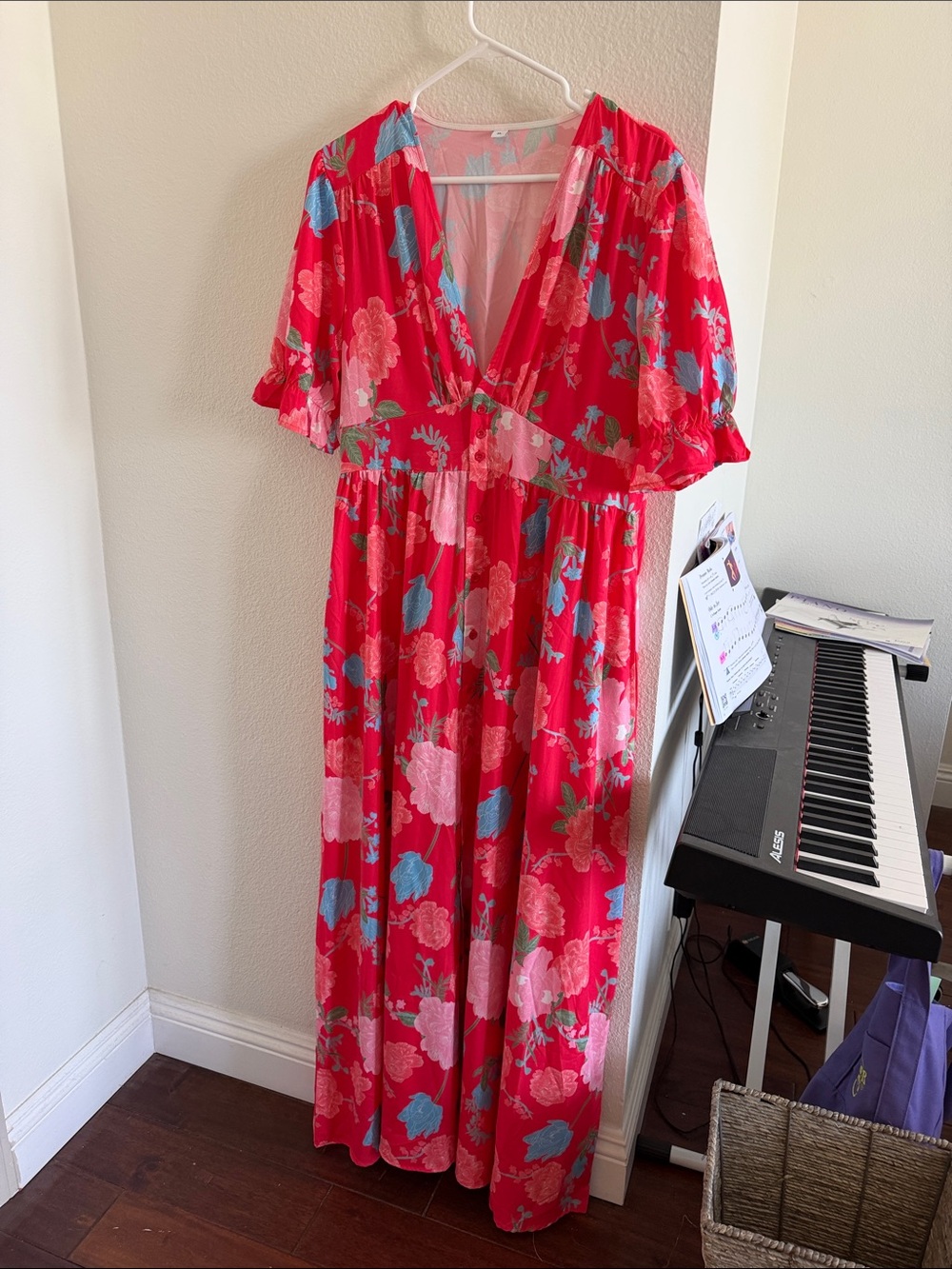 Bright Floral Red Maxi Dress with Pink & Blue Blossoms